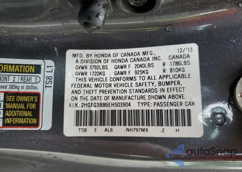 2014 Honda Civic Ex z USA, uszkodzony, nr VIN 2HGFG3B86EH503904